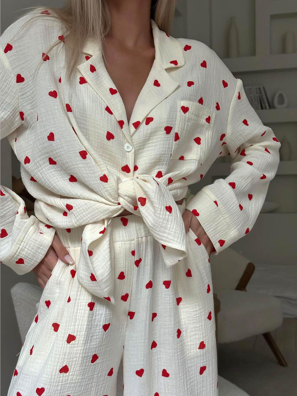 Wendeline | Women's Soft Heart Print Blouse, Pajama Set