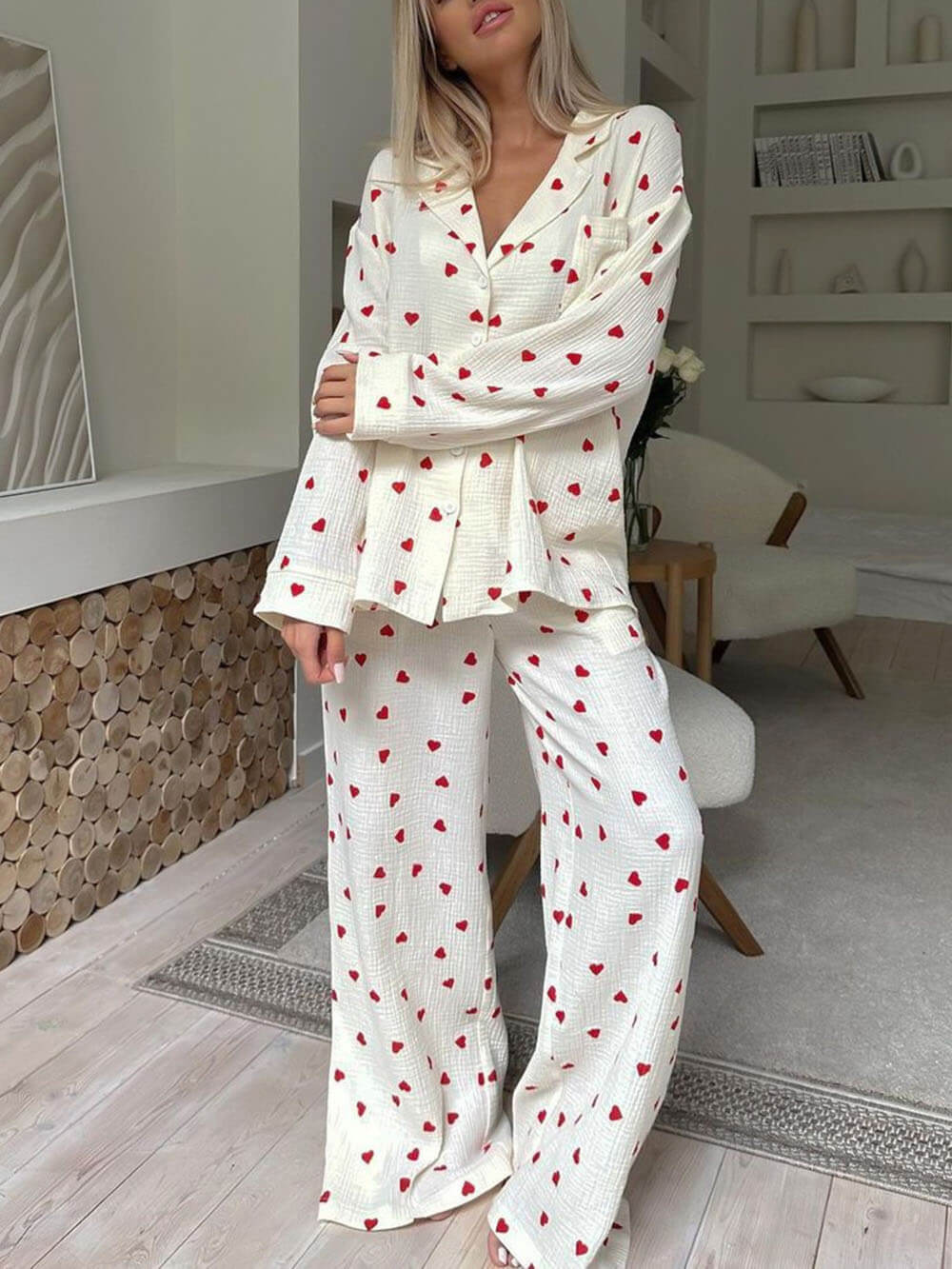 Wendeline | Women's Soft Heart Print Blouse, Pajama Set