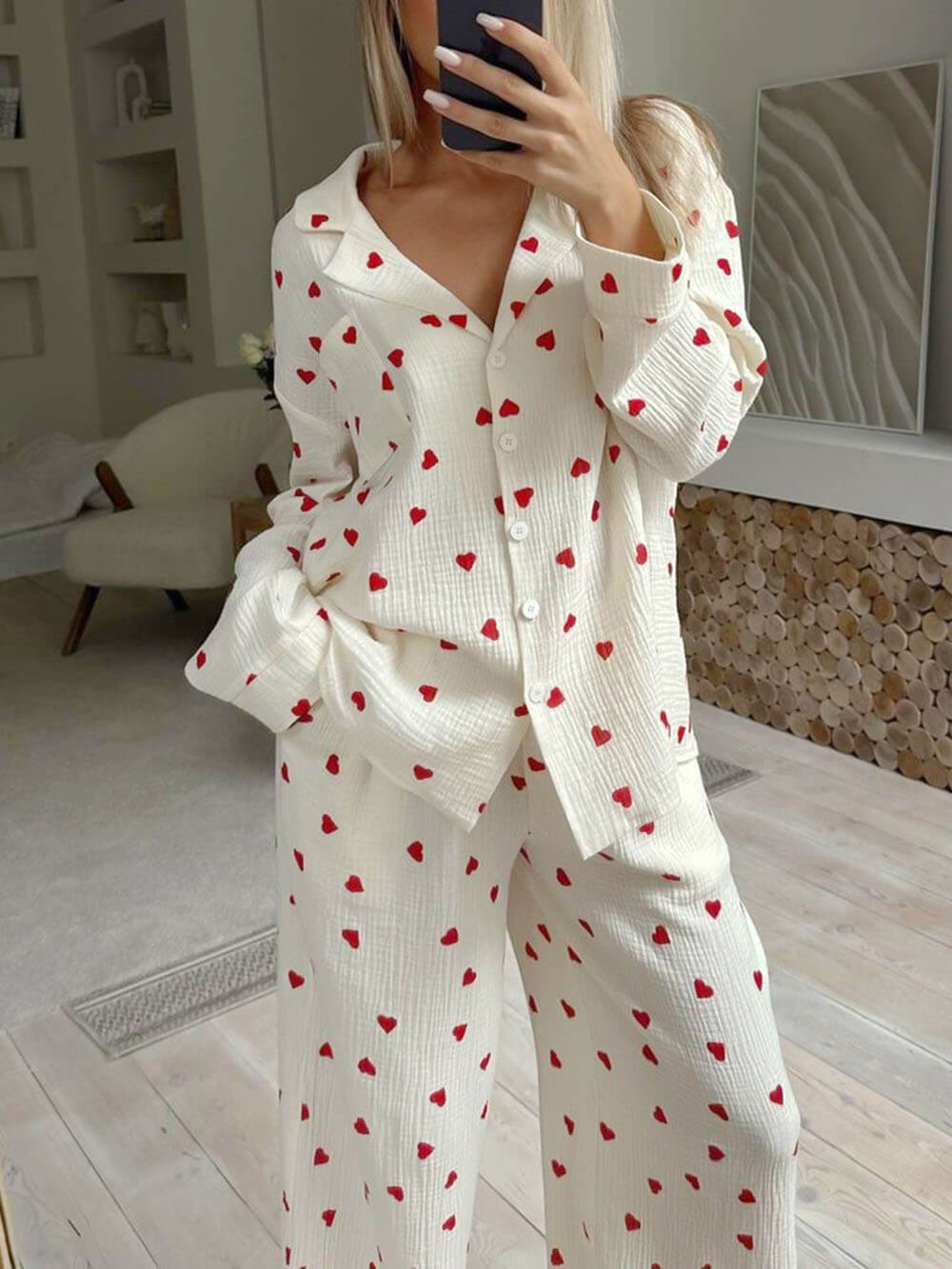 Wendeline | Women's Soft Heart Print Blouse, Pajama Set