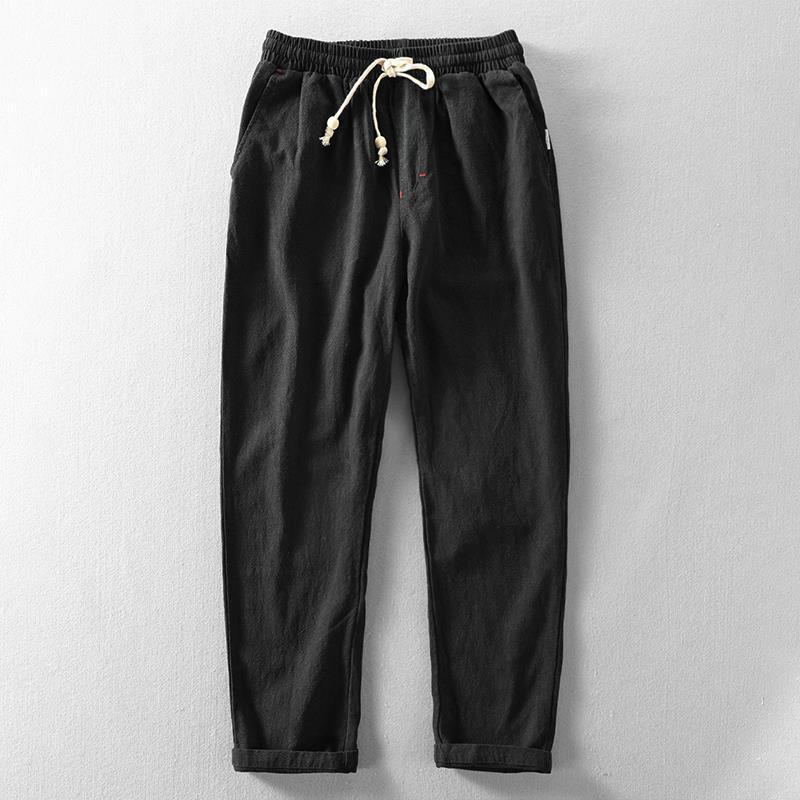 Men's Lightweight Cotton Linen Blend Drawstring Trousers - Casual