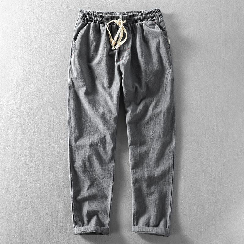 Men's Lightweight Cotton Linen Blend Drawstring Trousers - Casual