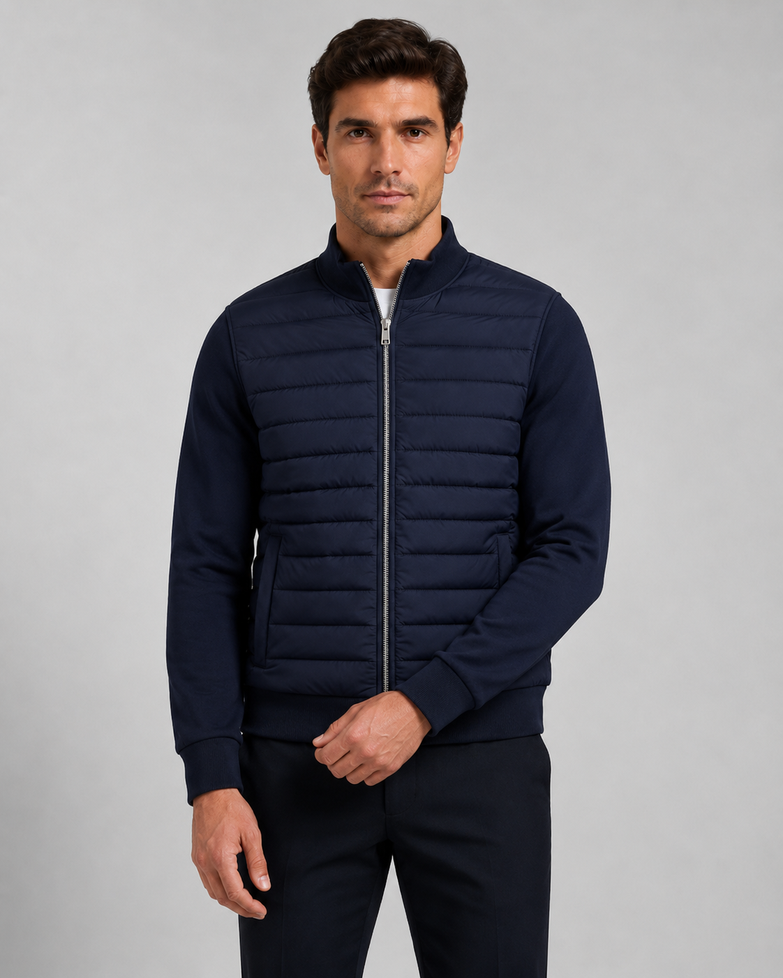 Men's Hybrid Quilted Jacket with Knit Sleeves - Zip Up