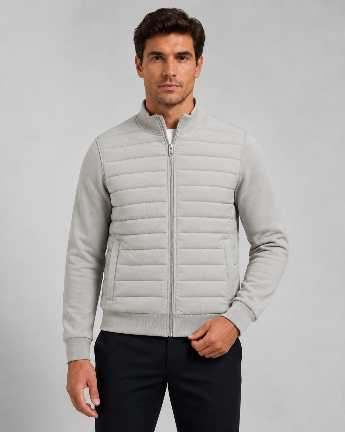Men's Hybrid Quilted Jacket with Knit Sleeves - Zip Up