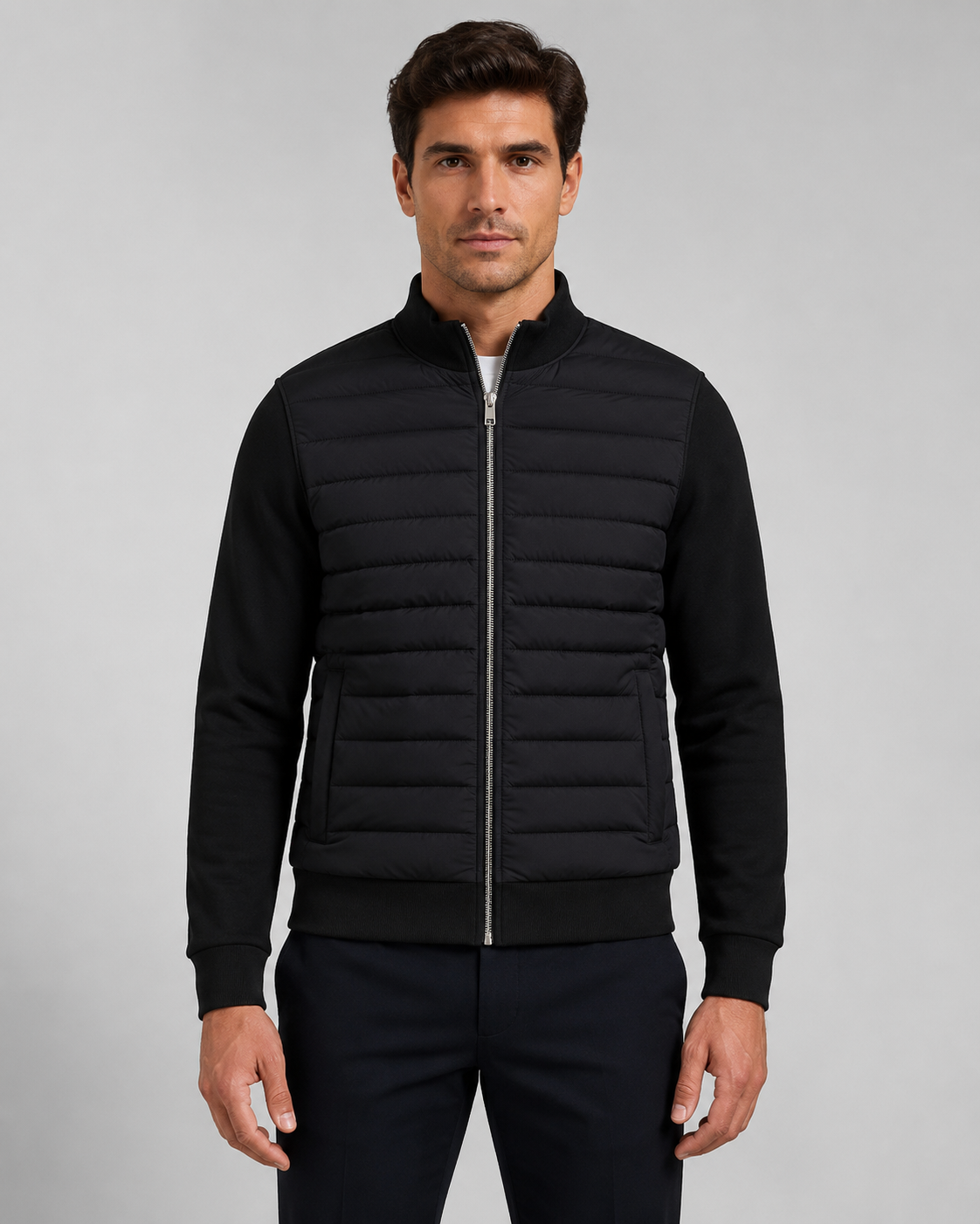 Men's Hybrid Quilted Jacket with Knit Sleeves - Zip Up