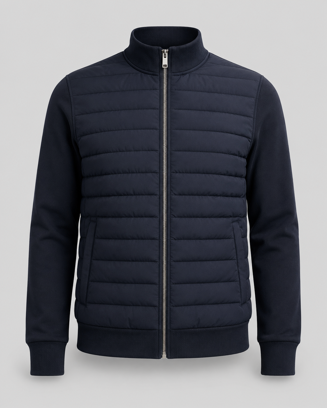 Men's Hybrid Quilted Jacket with Knit Sleeves - Zip Up