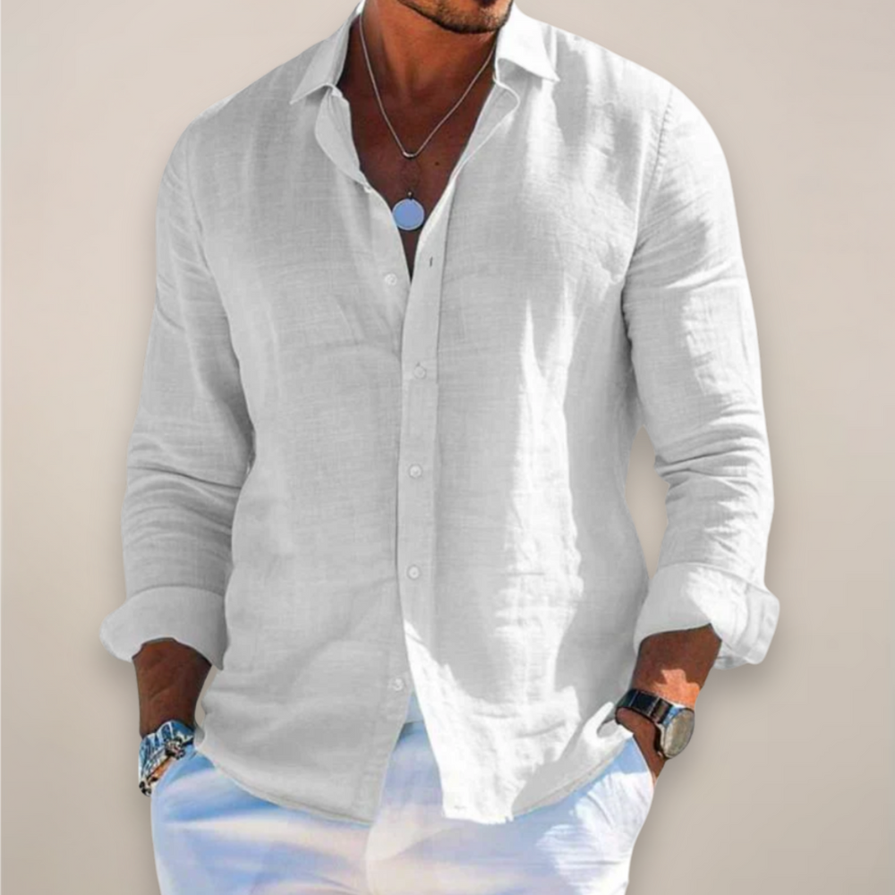 Men's Solid Linen Long Sleeve Shirt - Relaxed Fit Casual