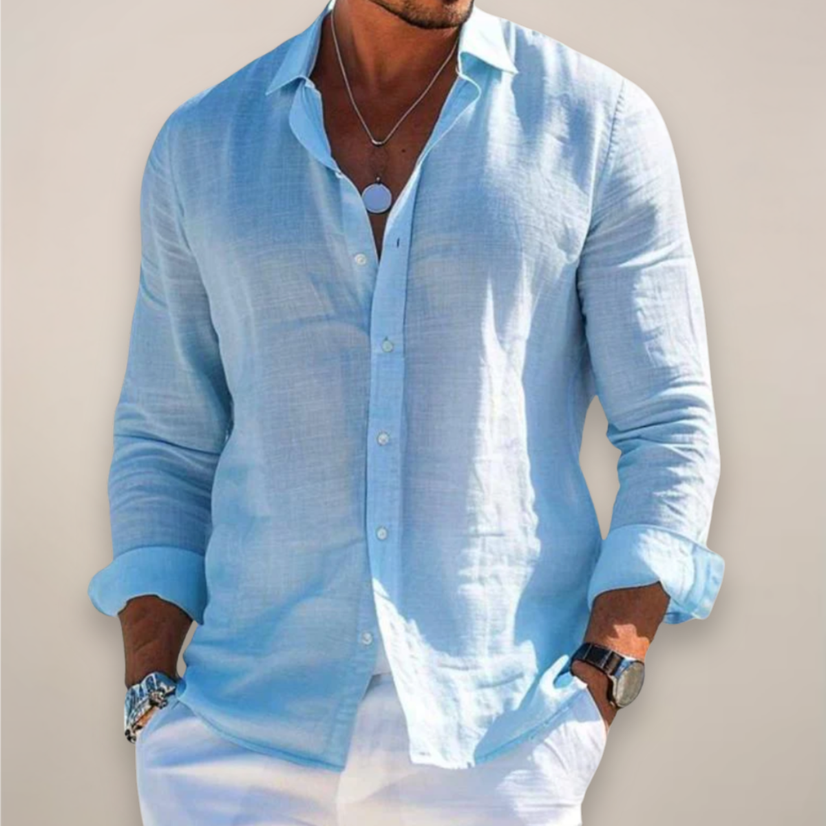 Men's Solid Linen Long Sleeve Shirt - Relaxed Fit Casual