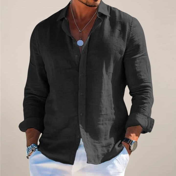 Men's Solid Linen Long Sleeve Shirt - Relaxed Fit Casual