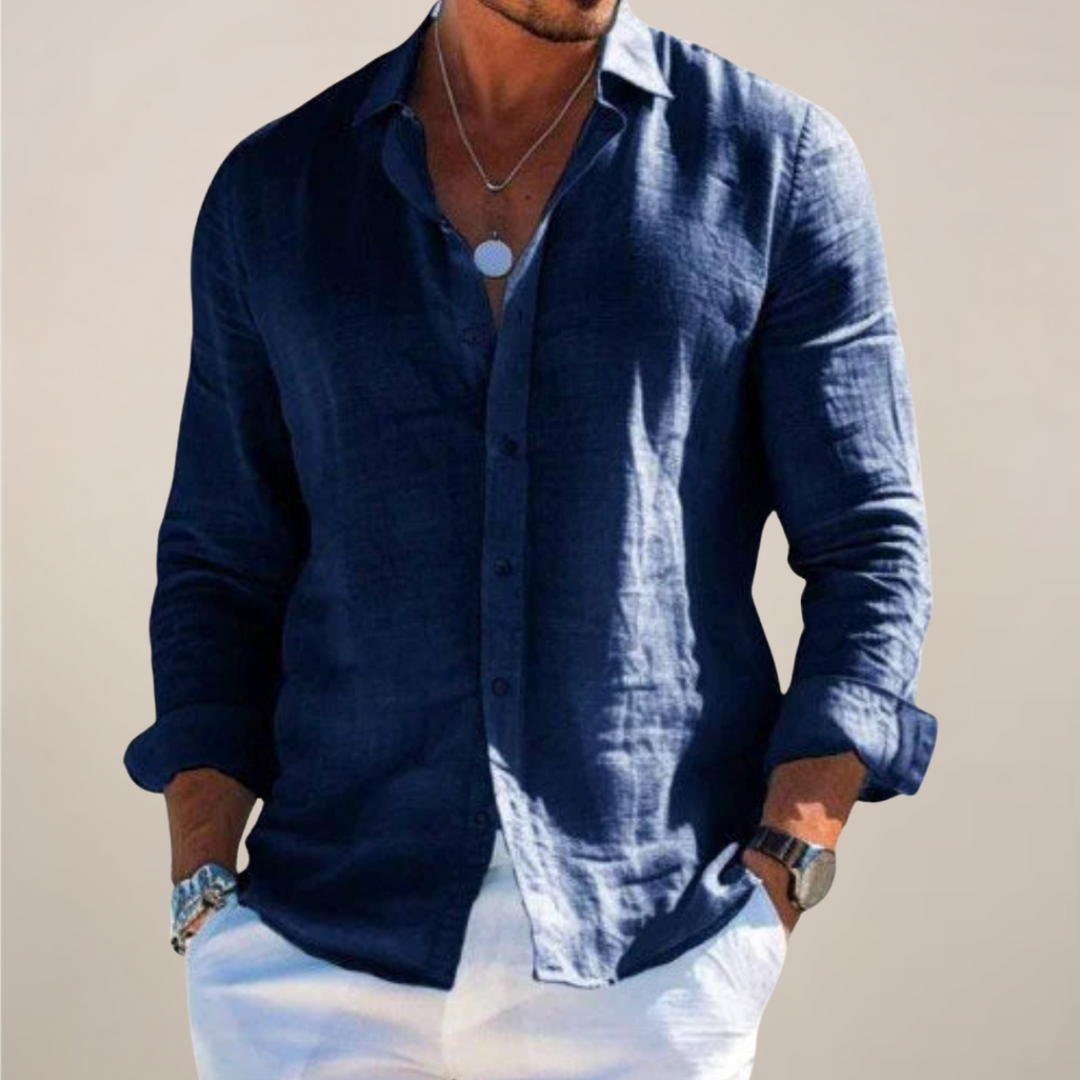 Men's Solid Linen Long Sleeve Shirt - Relaxed Fit Casual