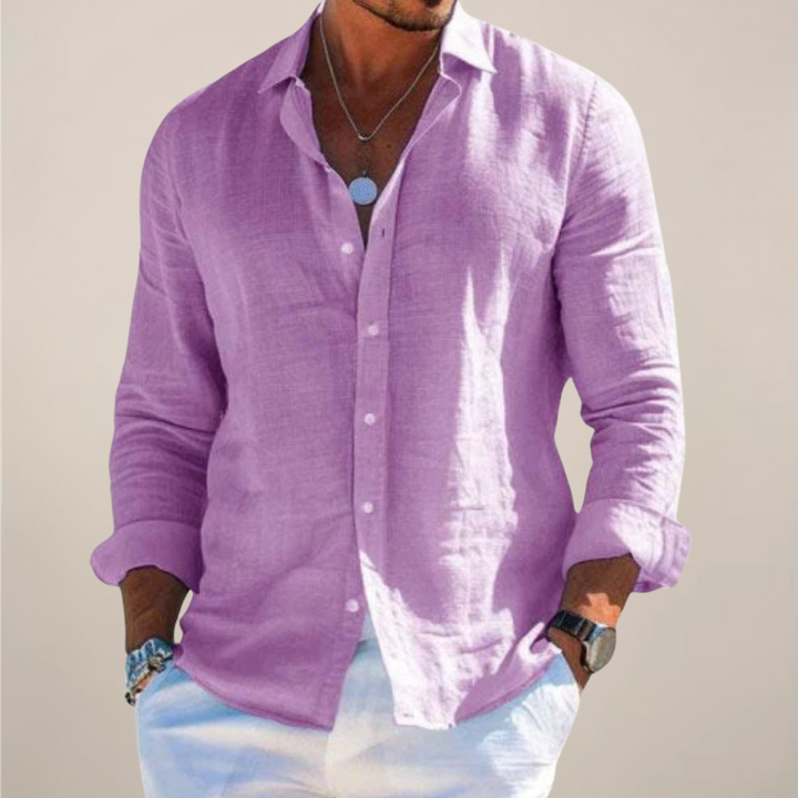 Men's Solid Linen Long Sleeve Shirt - Relaxed Fit Casual