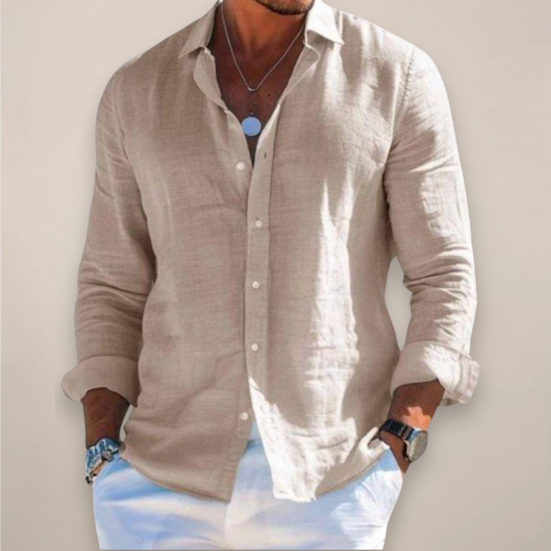 Men's Solid Linen Long Sleeve Shirt - Relaxed Fit Casual