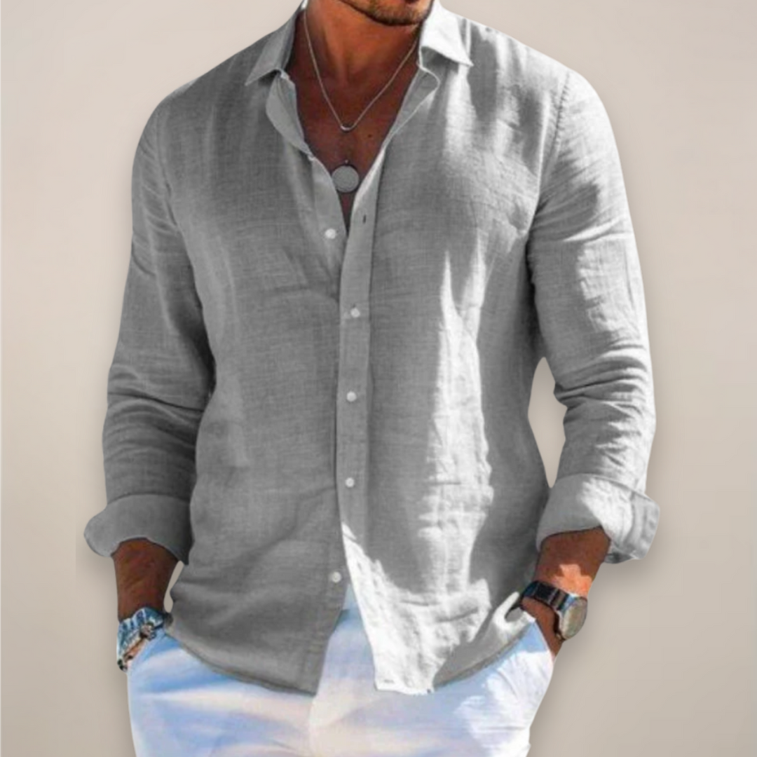 Men's Solid Linen Long Sleeve Shirt - Relaxed Fit Casual