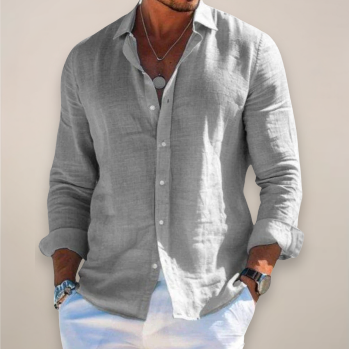 Men's Solid Linen Long Sleeve Shirt - Relaxed Fit Casual