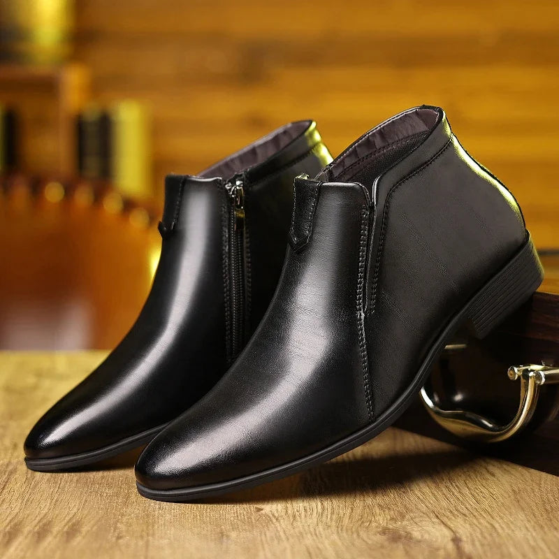 Men's Polished Retro Ankle Boots - Dress Shoes with Side Zip