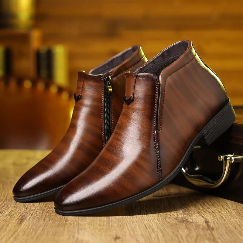 Men's Polished Retro Ankle Boots - Dress Shoes with Side Zip