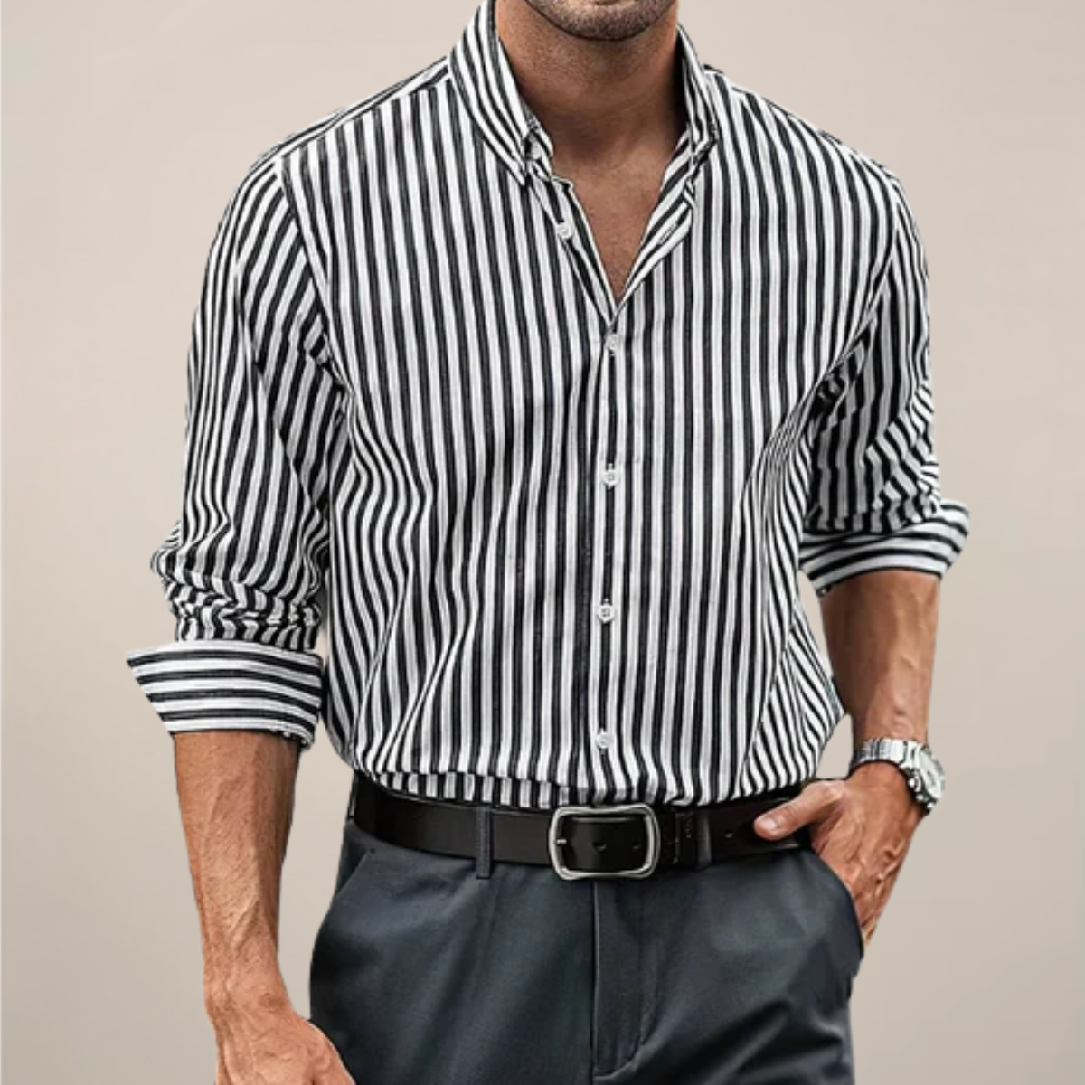 Men's Striped Cotton Long Sleeve Shirt - Classic Smart Casual