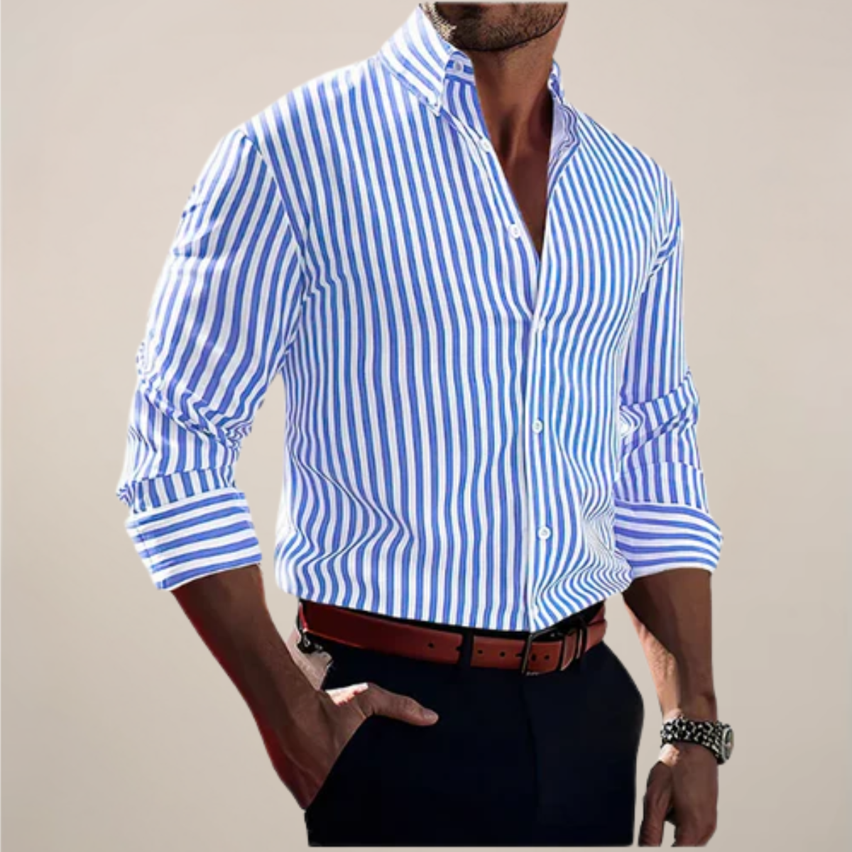 Men's Striped Cotton Long Sleeve Shirt - Classic Smart Casual