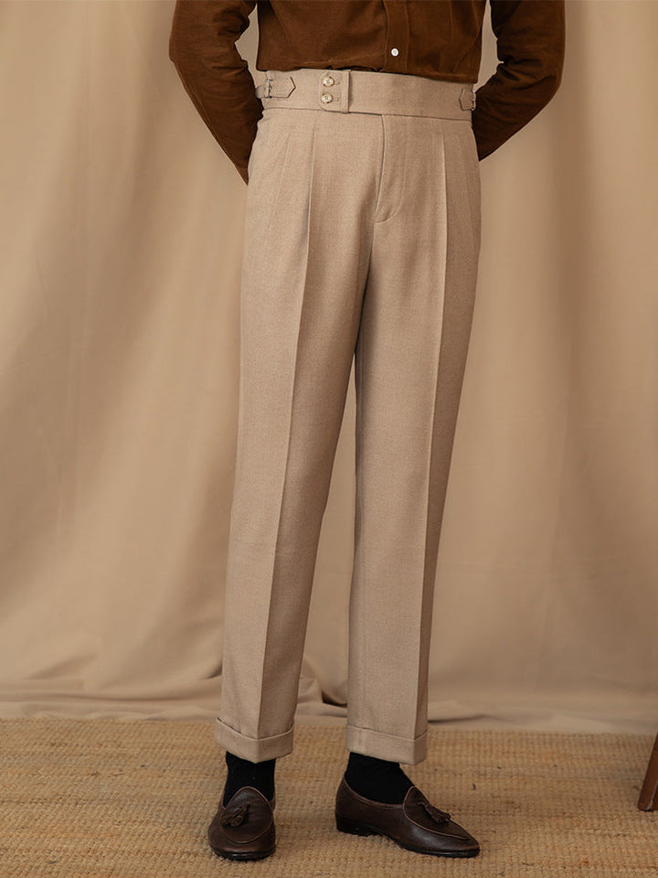 Men's Pleated Wool Blend Trousers - Relaxed Fit