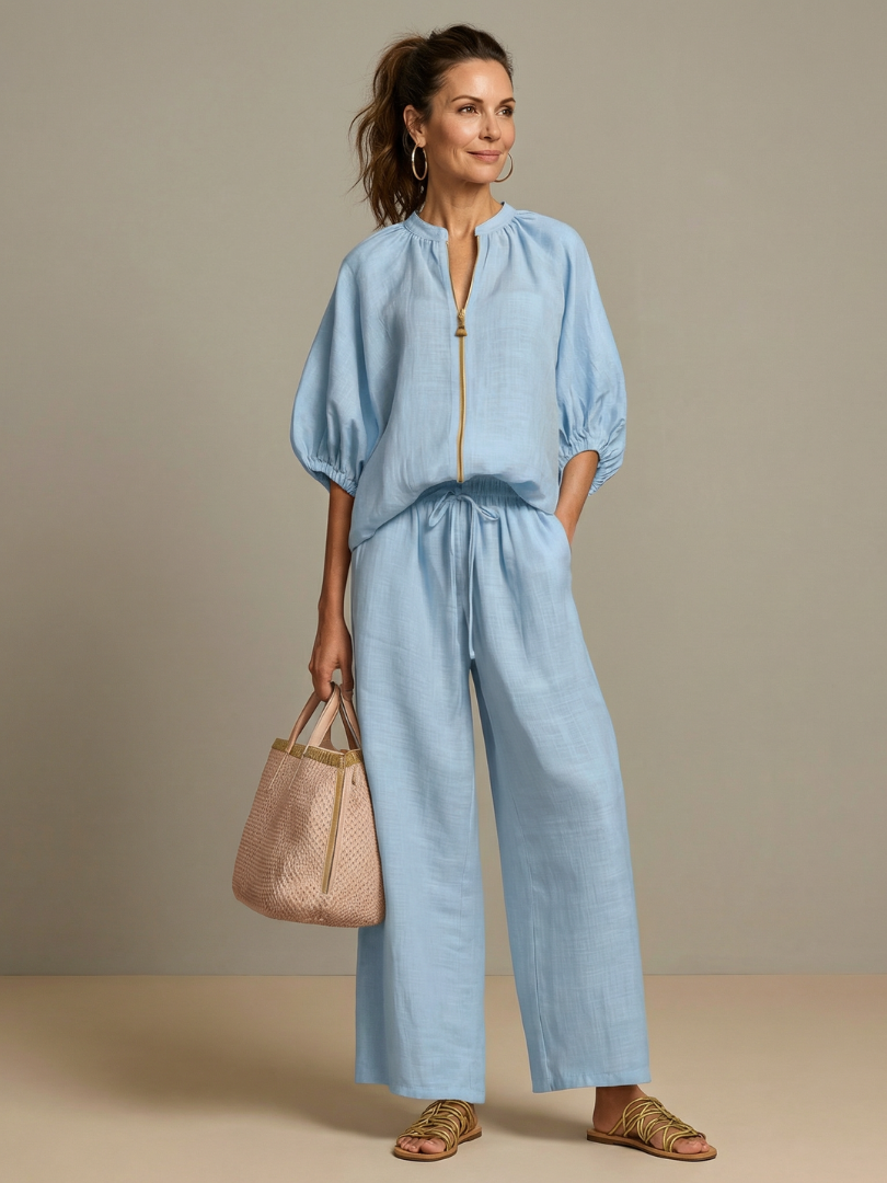 Olivia | Women's Zip-Up Blouse, Wide-Leg Trouser Set