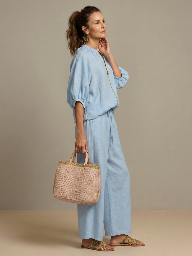Olivia | Women's Zip-Up Blouse, Wide-Leg Trouser Set