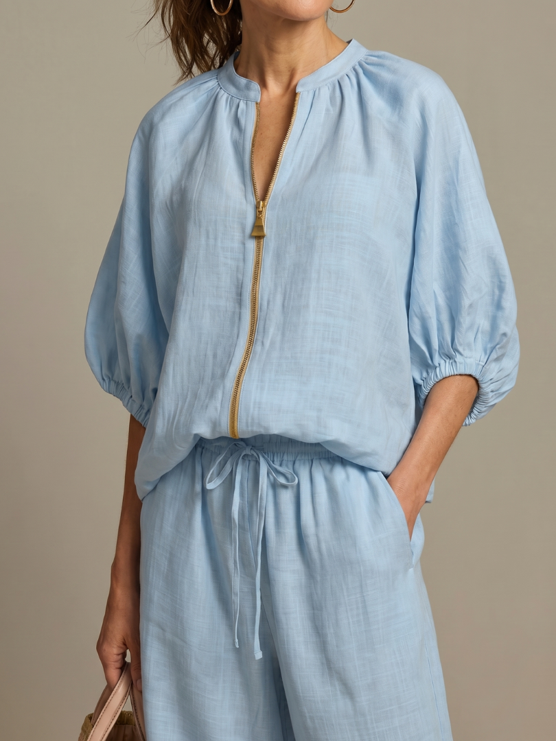 Olivia | Women's Zip-Up Blouse, Wide-Leg Trouser Set