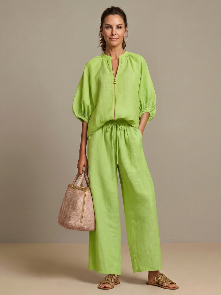 Olivia | Women's Zip-Up Blouse, Wide-Leg Trouser Set