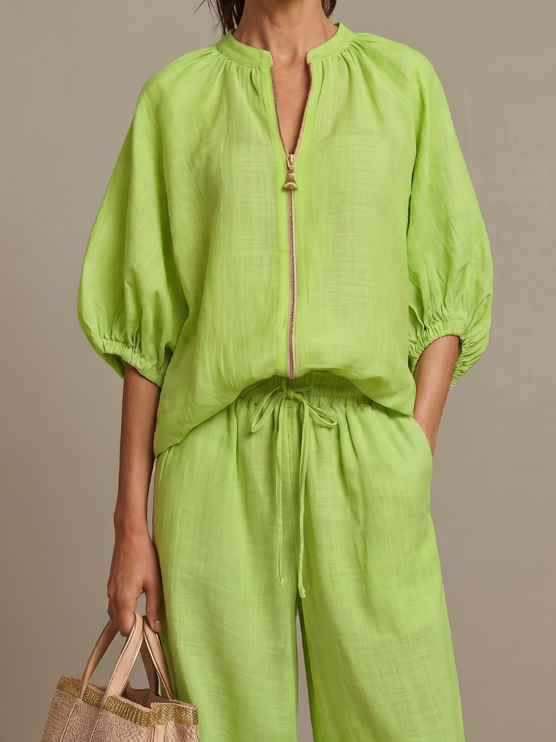 Olivia | Women's Zip-Up Blouse, Wide-Leg Trouser Set