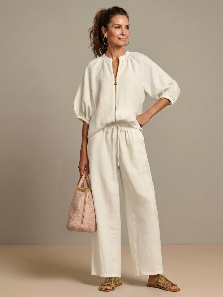 Olivia | Women's Zip-Up Blouse, Wide-Leg Trouser Set