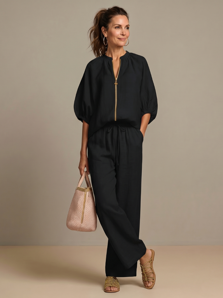 Olivia | Women's Zip-Up Blouse, Wide-Leg Trouser Set
