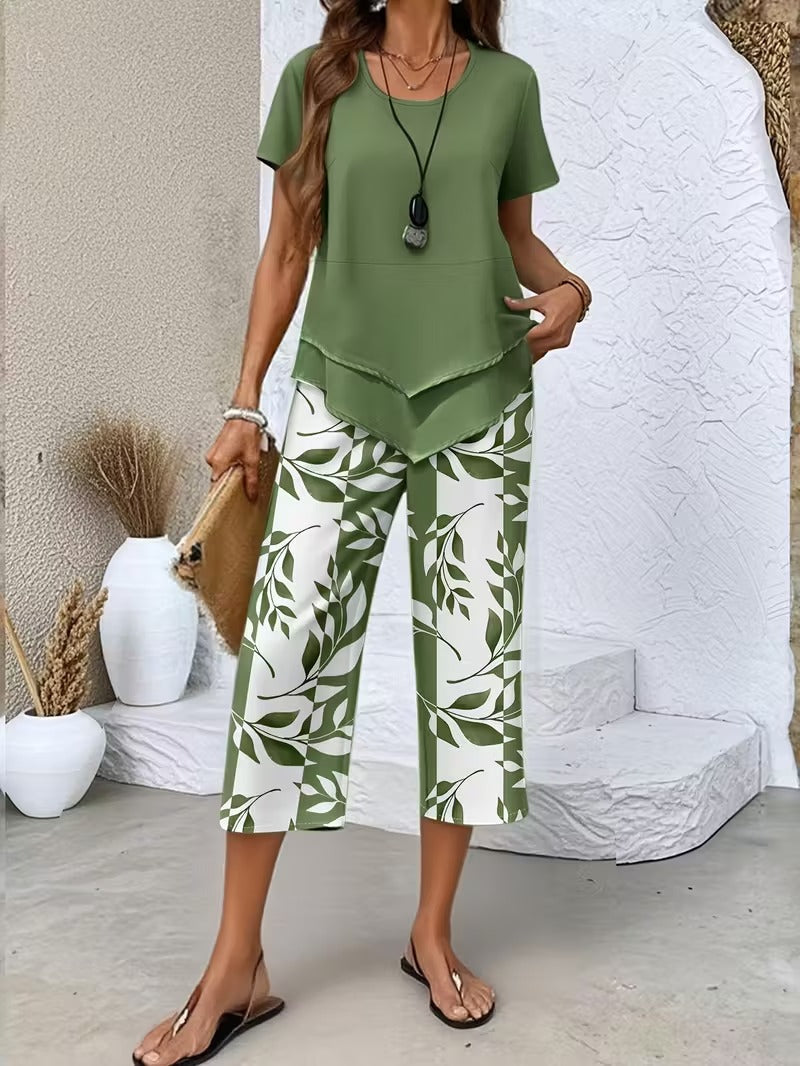Tamra | Women's Leaf Print Blouse, Two-Piece Set