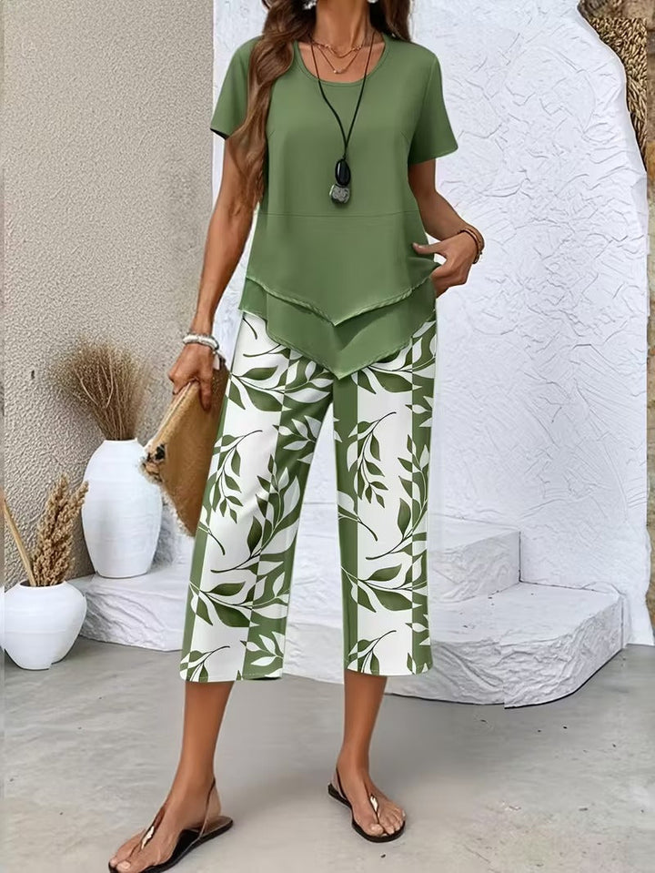 Tamra | Women's Leaf Print Blouse, Two-Piece Set