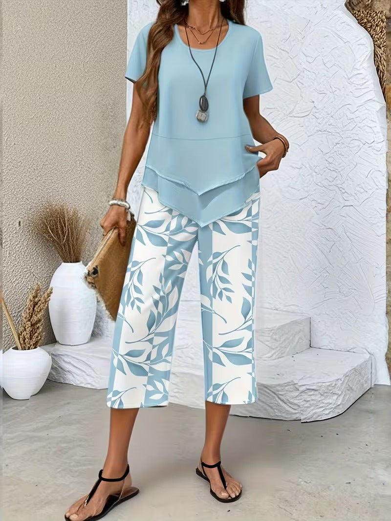 Tamra | Women's Leaf Print Blouse, Two-Piece Set