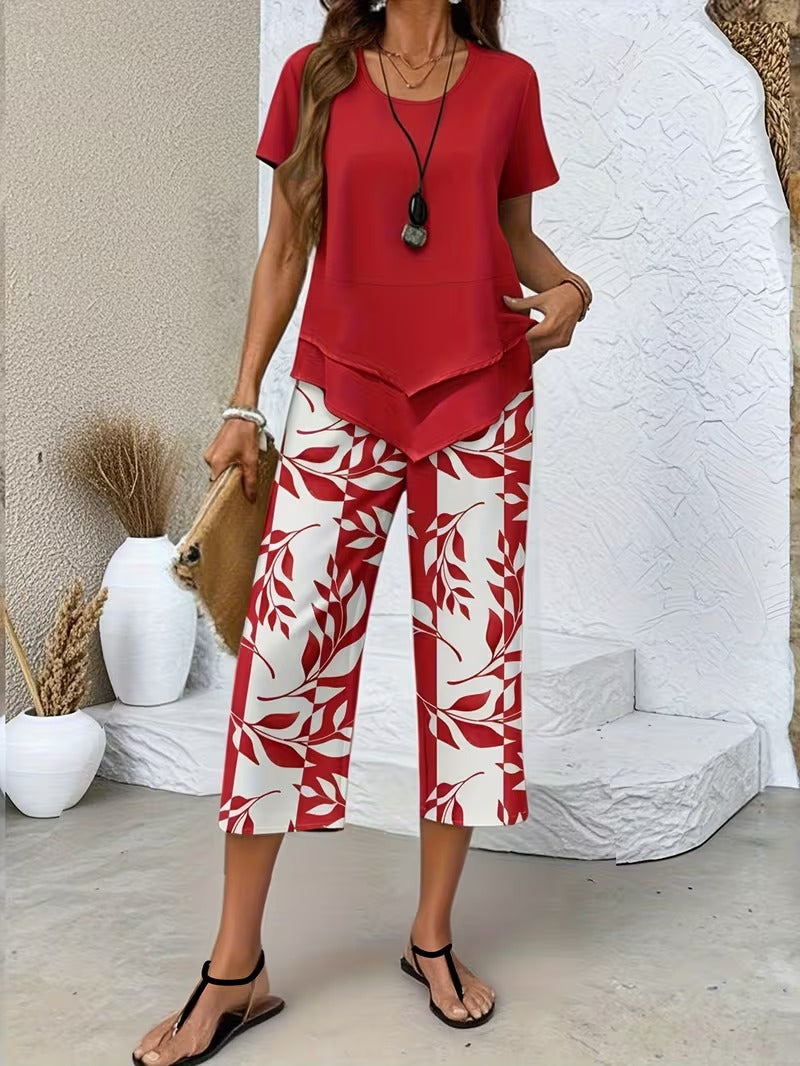 Tamra | Women's Leaf Print Blouse, Two-Piece Set