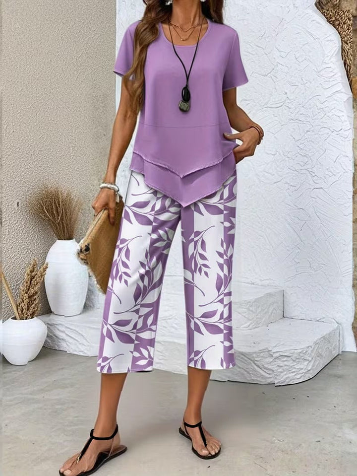 Tamra | Women's Leaf Print Blouse, Two-Piece Set