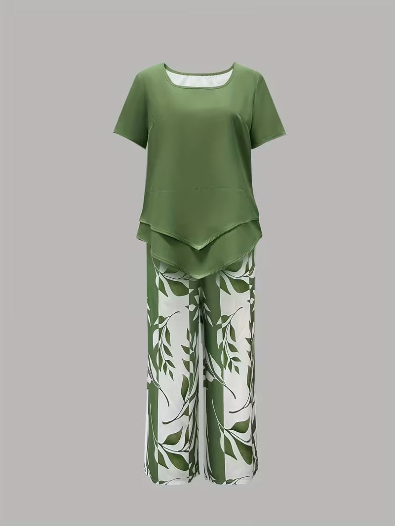 Tamra | Women's Leaf Print Blouse, Two-Piece Set