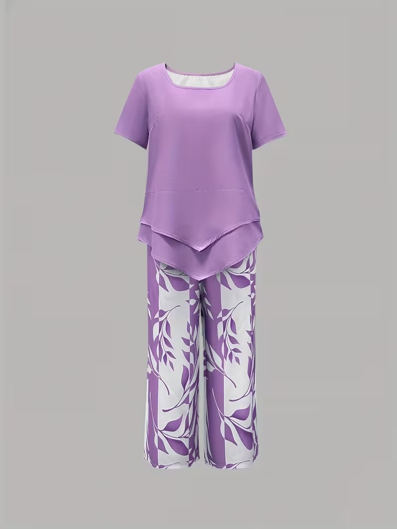 Tamra | Women's Leaf Print Blouse, Two-Piece Set