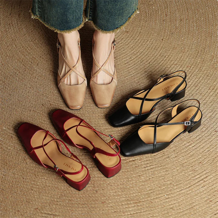 Women's Slingback Heels - Square Toe Criss-Cross Ankle Strap