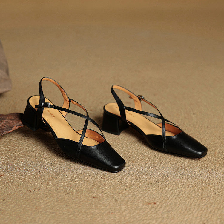Women's Slingback Heels - Square Toe Criss-Cross Ankle Strap