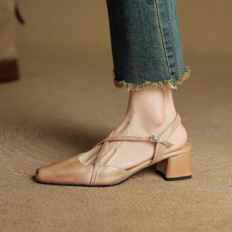 Women's Slingback Heels - Square Toe Criss-Cross Ankle Strap