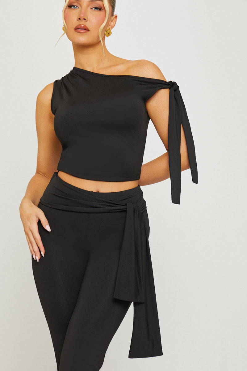 Women's Casual Knit Co-ord Set - One Shoulder Knot Detail