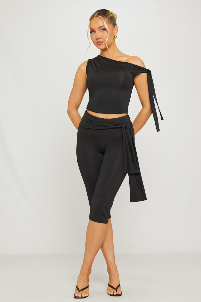 Women's Casual Knit Co-ord Set - One Shoulder Knot Detail