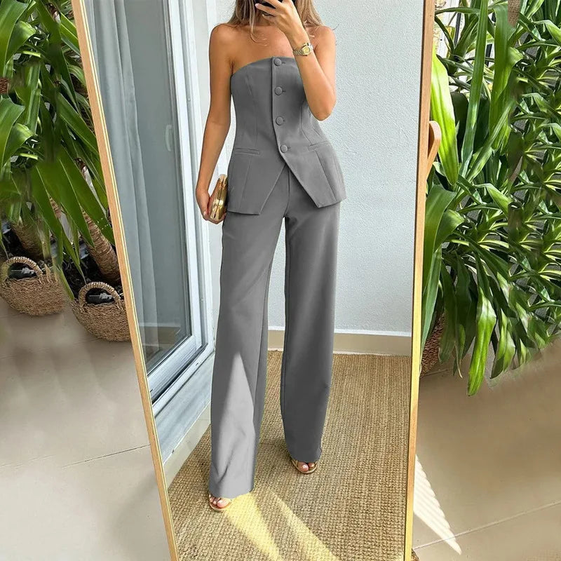 Women's Tailored Waistcoat and Wide-Leg Trousers Set - Relaxed Fit