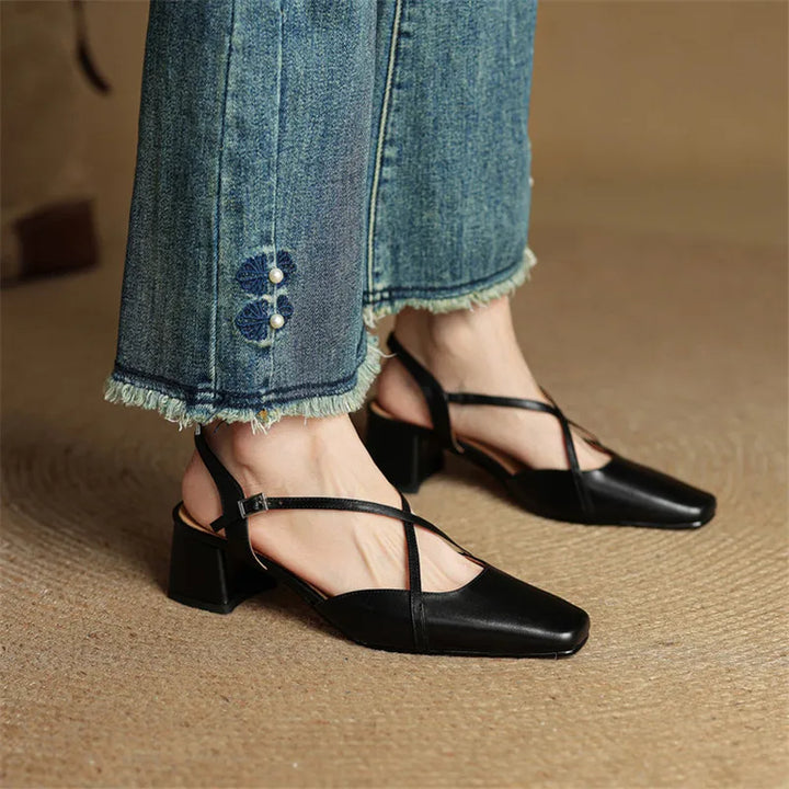 Women's Slingback Heels - Square Toe Criss-Cross Ankle Strap