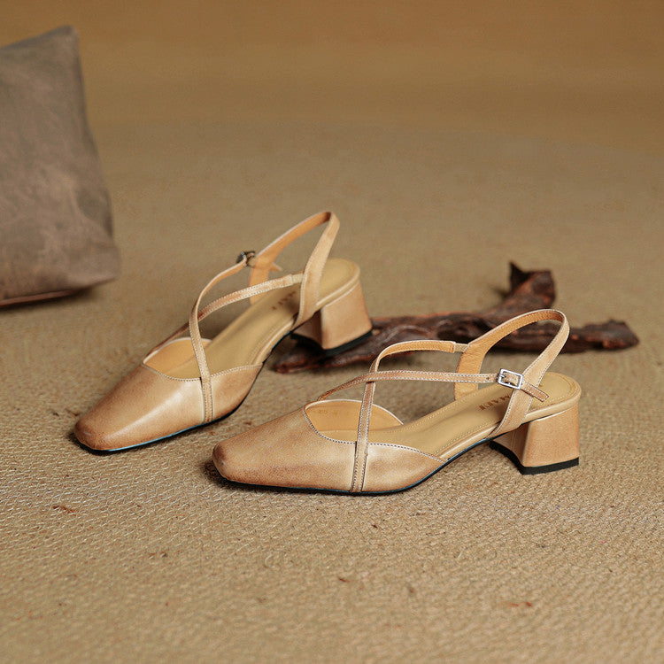 Women's Slingback Heels - Square Toe Criss-Cross Ankle Strap