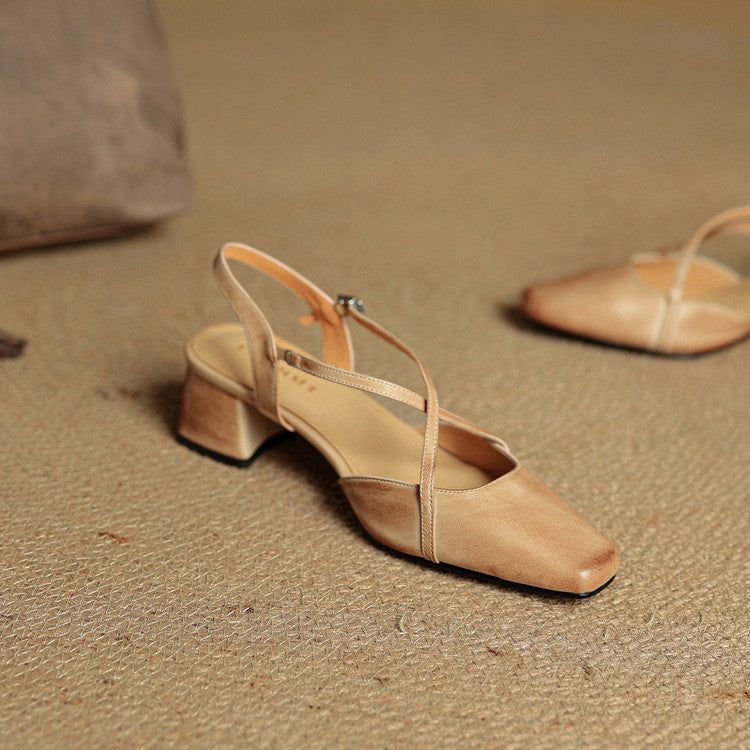 Women's Slingback Heels - Square Toe Criss-Cross Ankle Strap