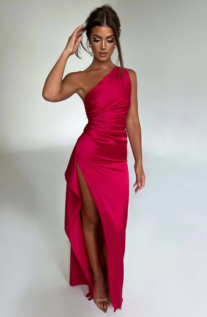 Women's One-Shoulder Satin Maxi Dress - Elegant Evening