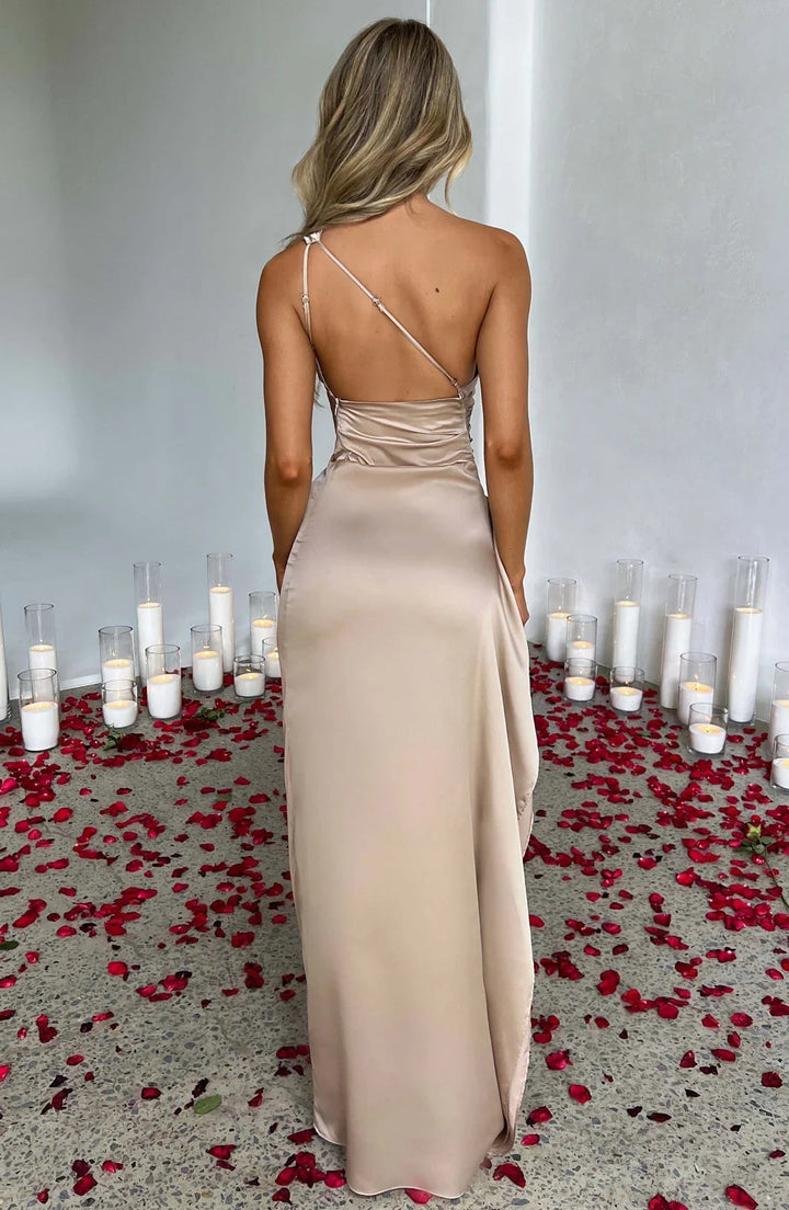 Women's One-Shoulder Satin Maxi Dress - Elegant Evening