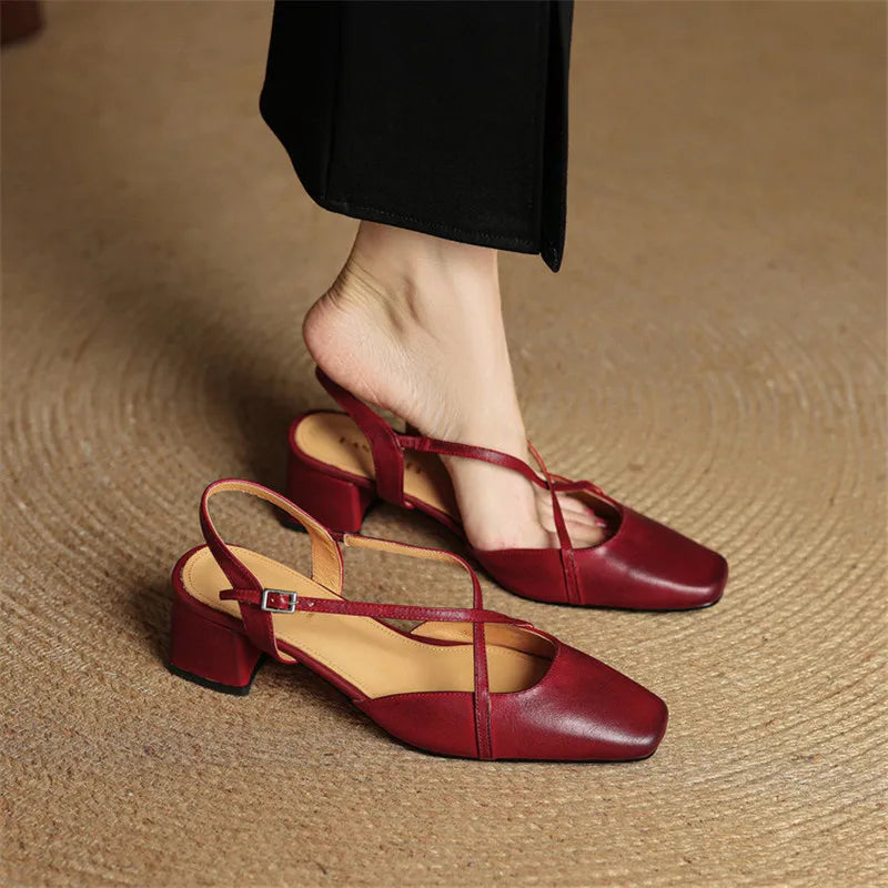 Women's Slingback Heels - Square Toe Criss-Cross Ankle Strap