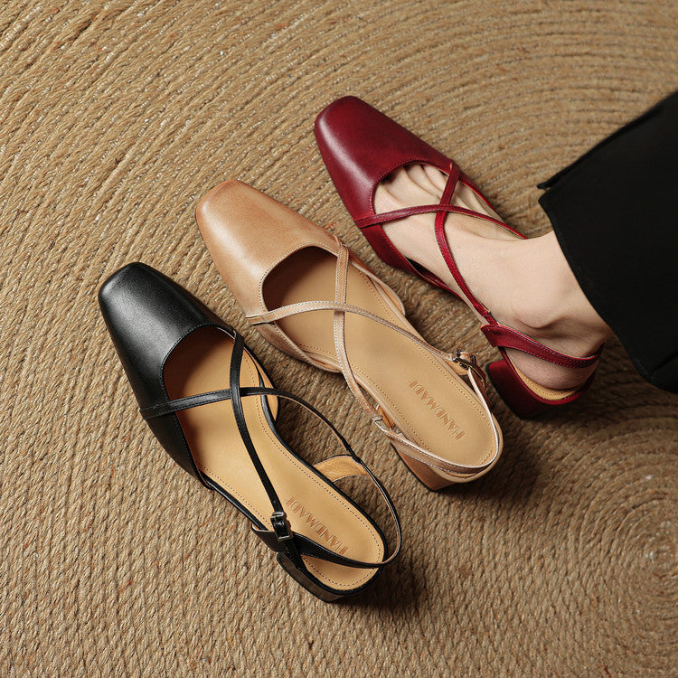 Women's Slingback Heels - Square Toe Criss-Cross Ankle Strap