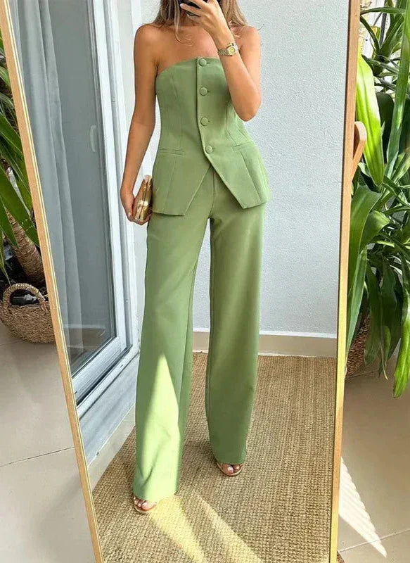 Women's Tailored Waistcoat and Wide-Leg Trousers Set - Relaxed Fit